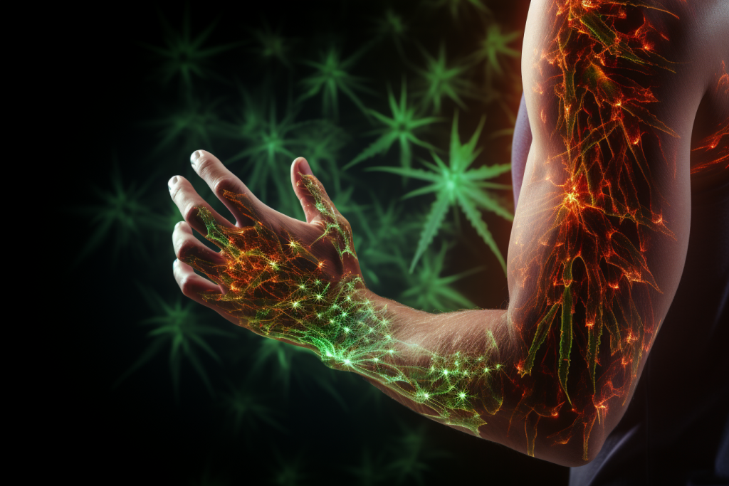 arm with pain signals depecting arthritis, with cannabis leaf