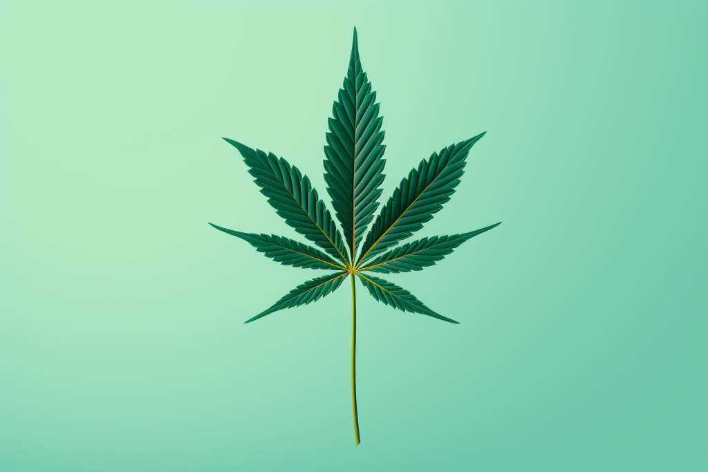 one single cannabis leaf on green background