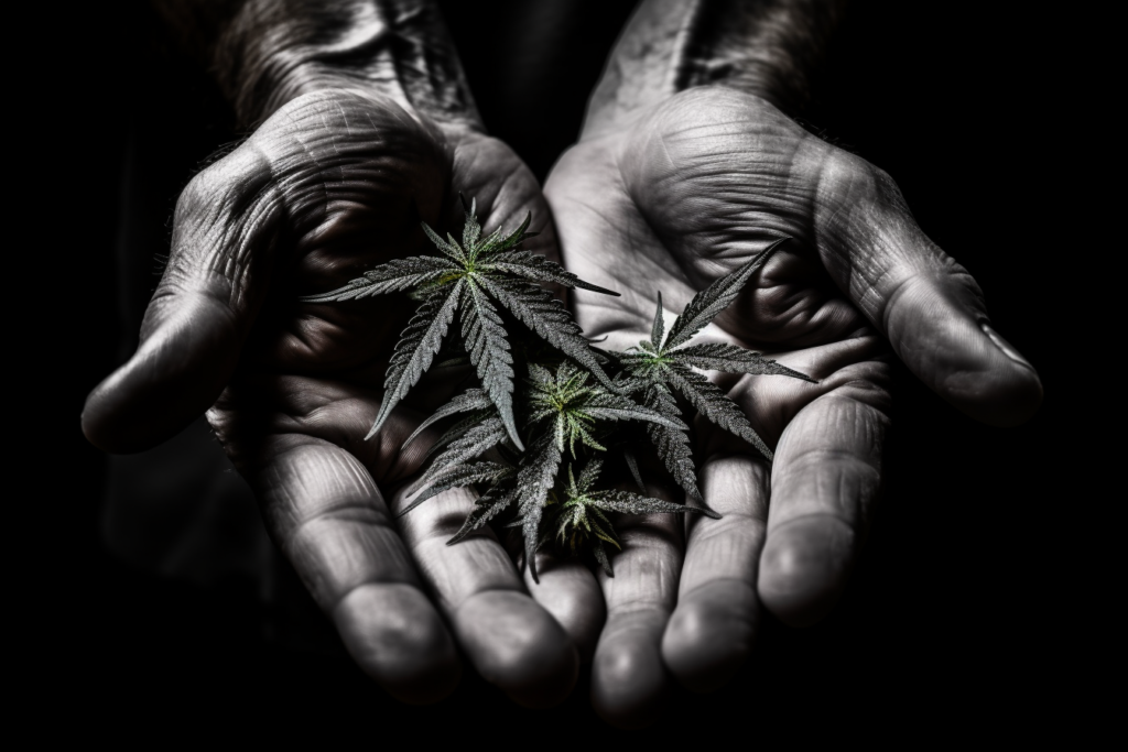 cannabis leaf in open hands